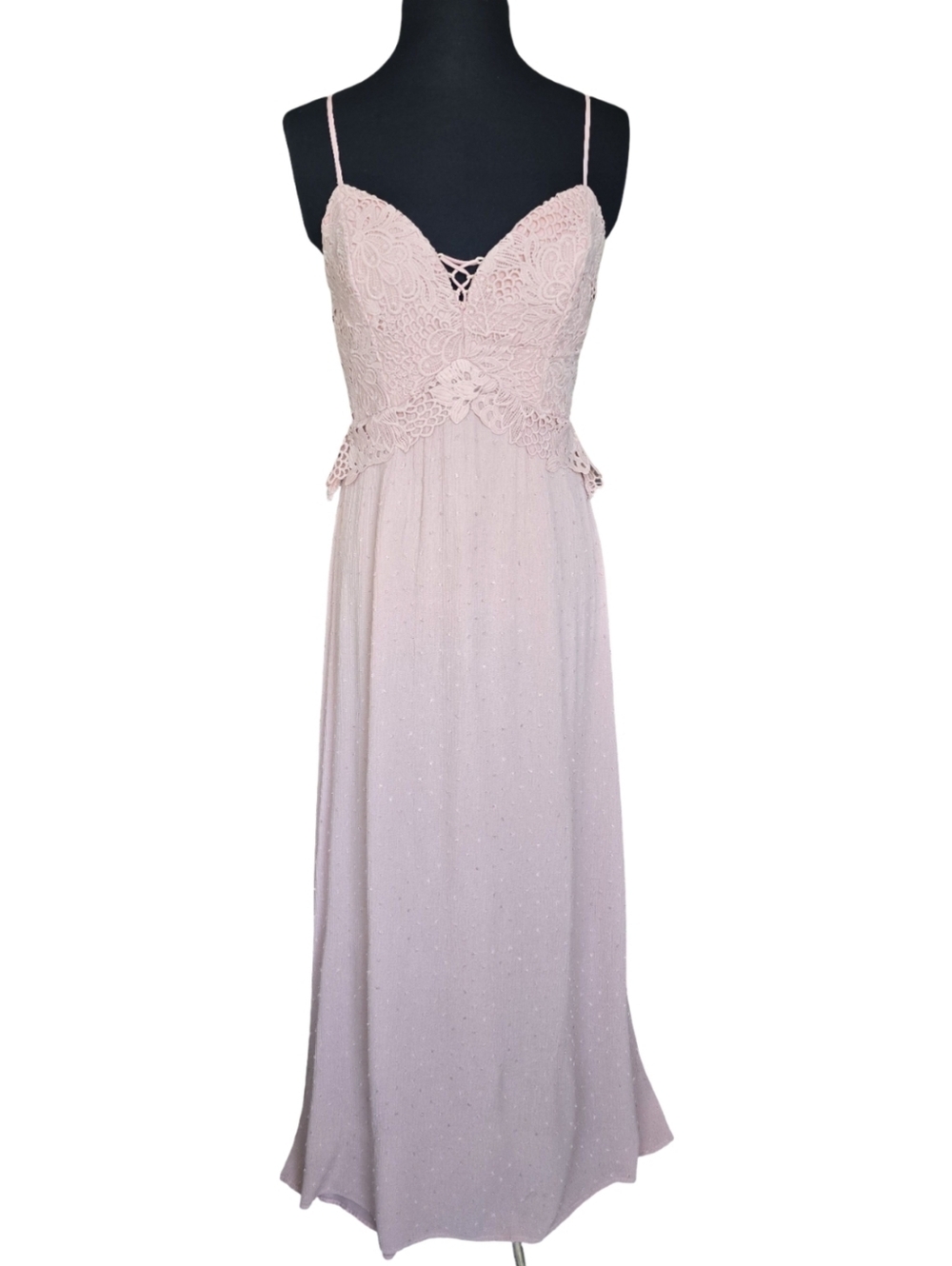 A. Peach Swiss Dot Powder Pink Crinkle Maxi Dress Size S Crochet Boho Wedding